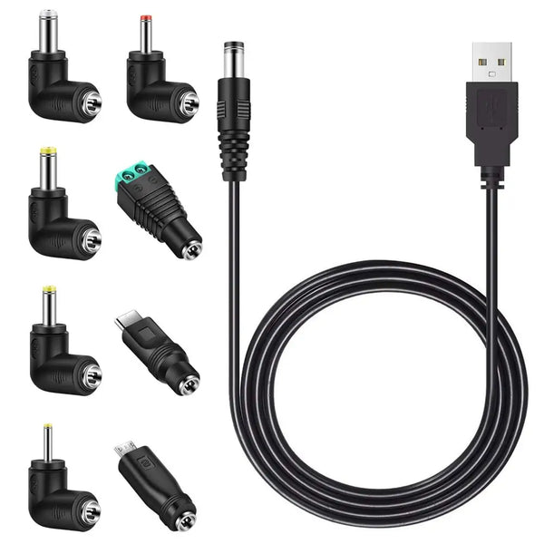 A set of universal multi-connector DC charging cables with various tips and a black coiled cable.