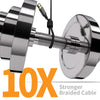 A close-up view of a silver braided cable connected to a cylindrical device, labeled 10X Stronger Braided Cable.