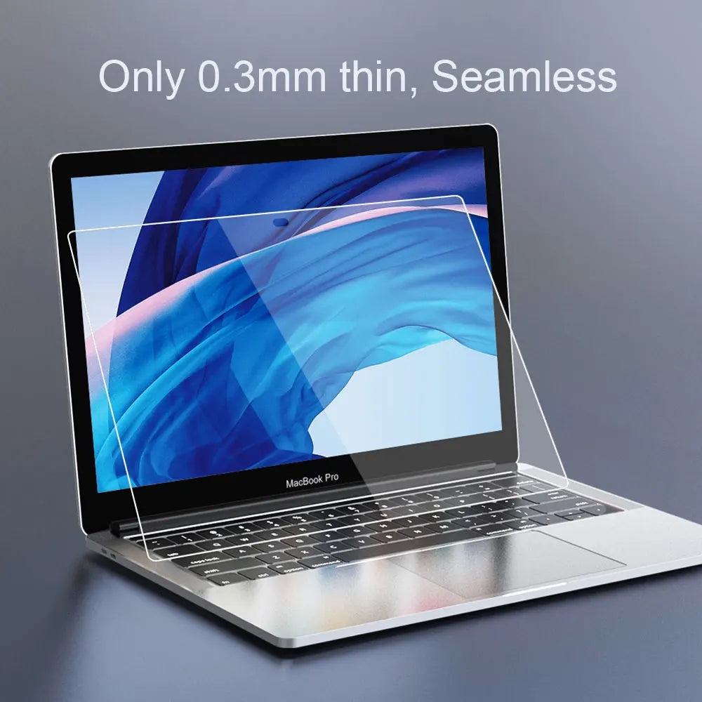 A clear screen protector is shown being applied to a MacBook Pro, highlighting its thin and seamless design.