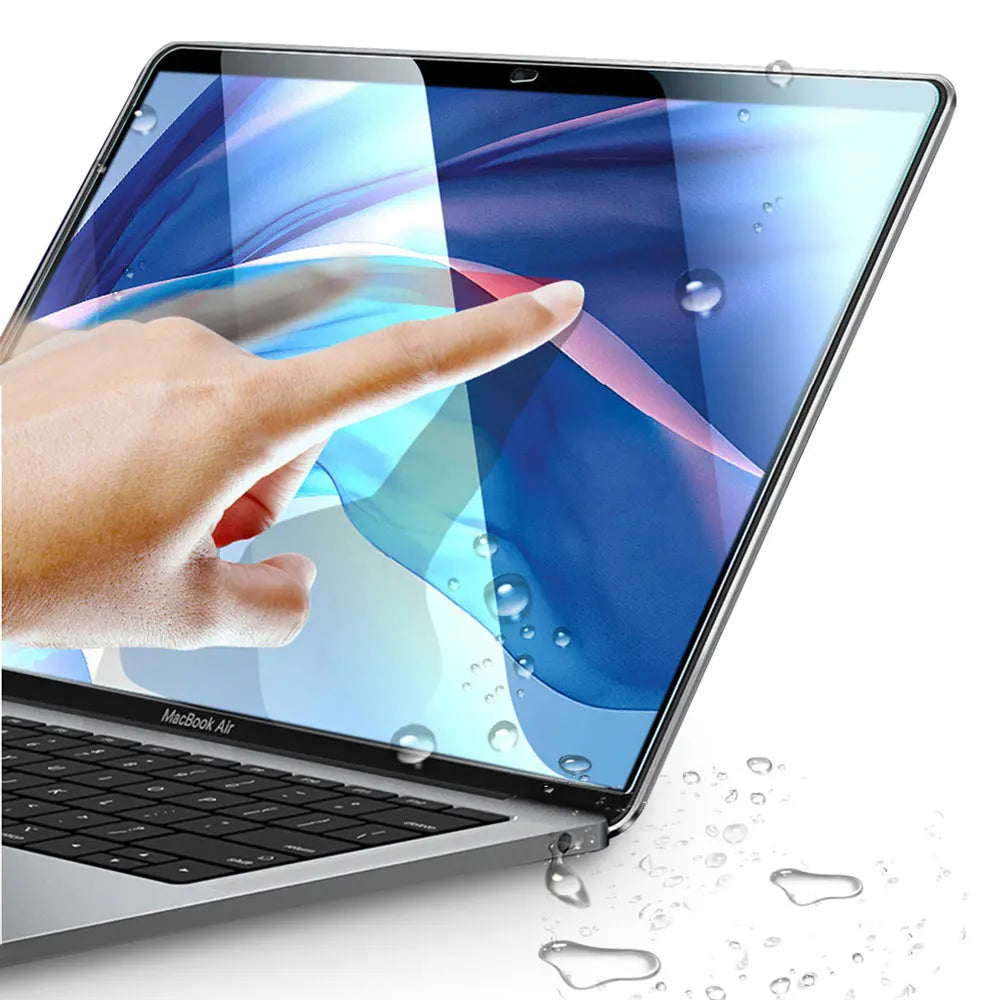 A hand touches a clear screen protector on a MacBook Air displaying a vibrant blue and purple graphic.