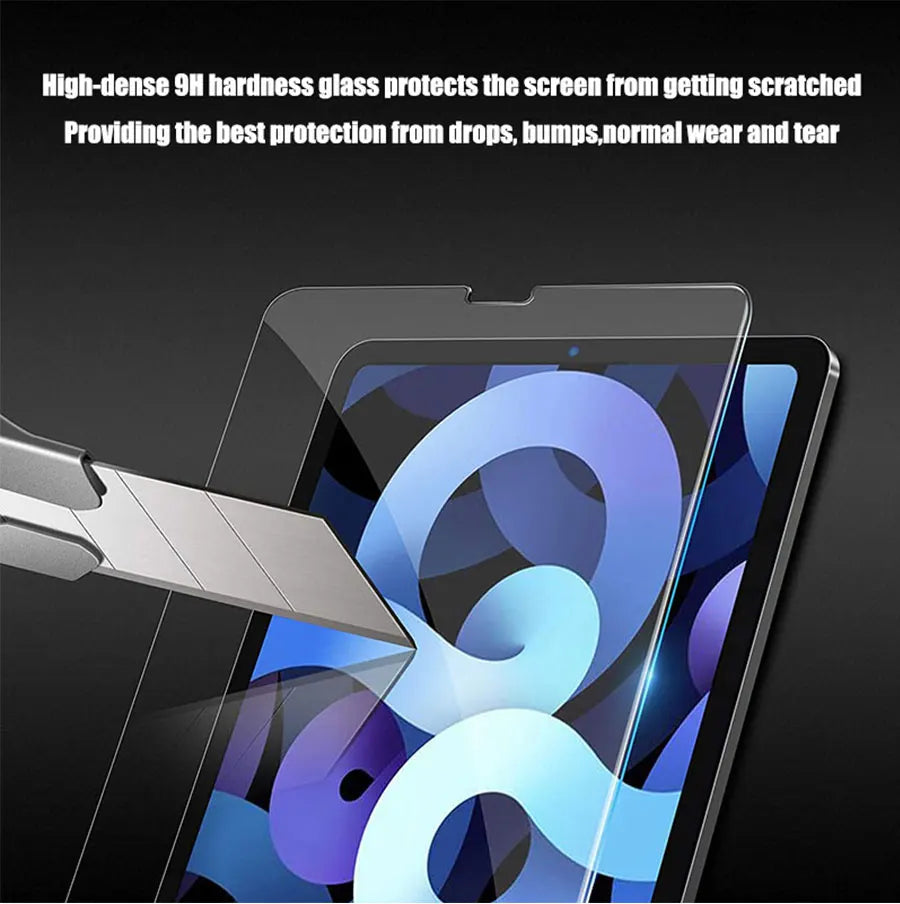 A silver tool is applying a high-density 9H hardness glass screen protector to an iPad Pro screen.