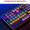Close-up of a retro punk mechanical keyboard with ambilight dynamic lighting effect