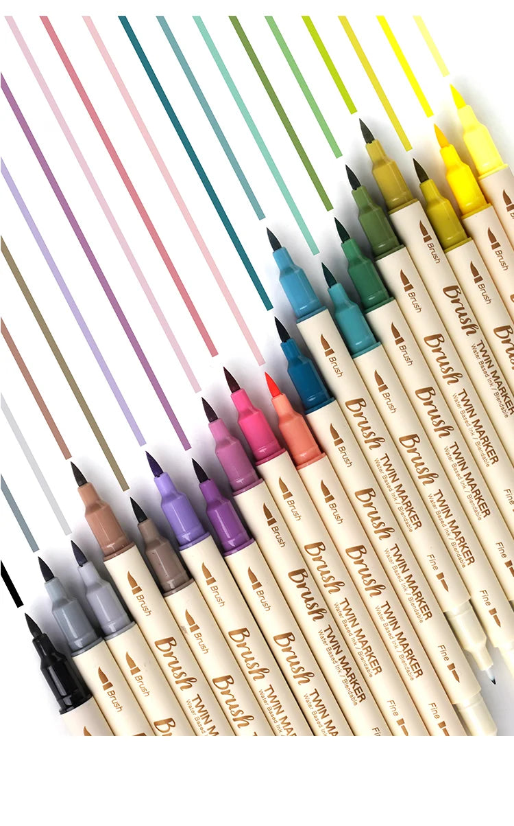 A collection of 15 paintbrushes in various colors, including pinks, greens, yellows, and browns, arranged diagonally.
