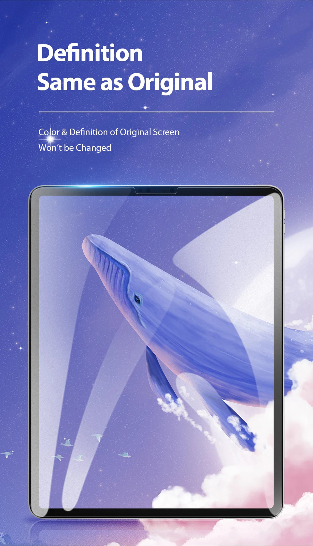 A close-up view of an iPad screen protector showing a blue whale graphic against a purple sky and clouds.
