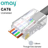An unshielded CAT6 modular RJ45 connector showing the through-hole diameter of 1.08mm.