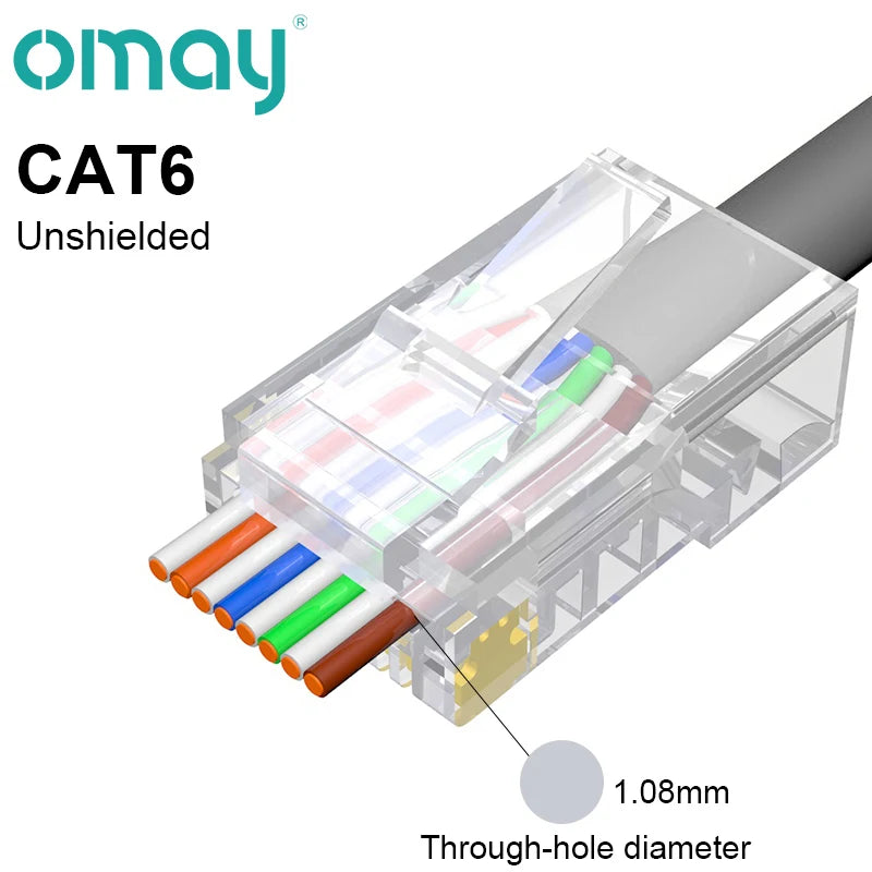 An unshielded CAT6 modular RJ45 connector showing the through-hole diameter of 1.08mm.