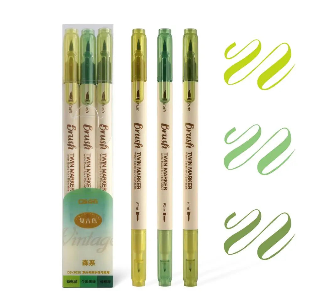 A set of five vintage-style twin markers in various shades of green and yellow, displayed vertically.