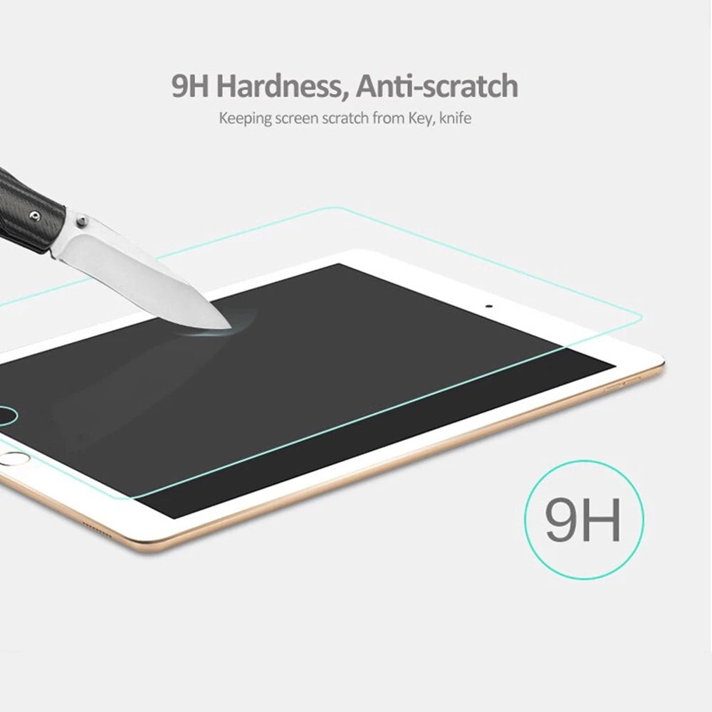 A knife is shown touching a tablet screen protected by a 9H hardness anti-scratch tempered glass screen protector.