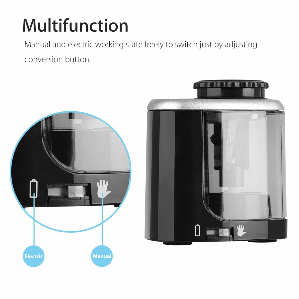 A black electric pencil sharpener with a clear container, showing manual and electric operation options.