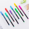 A collection of twelve colored glitter gel pens in various shades are displayed on a white surface.
