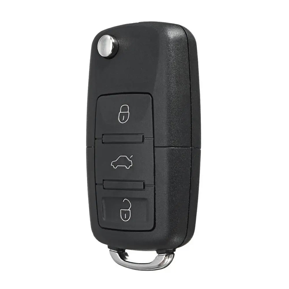 A black realistic fake car key hidden safe with a secret compartment and a metal loop.