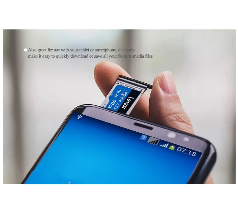 A hand holds a smartphone displaying a memory card, demonstrating the ease of downloading media files.