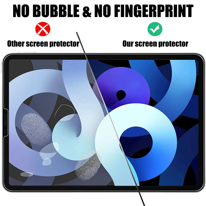 A close-up view of a tempered glass screen protector being applied to an iPad Pro screen.