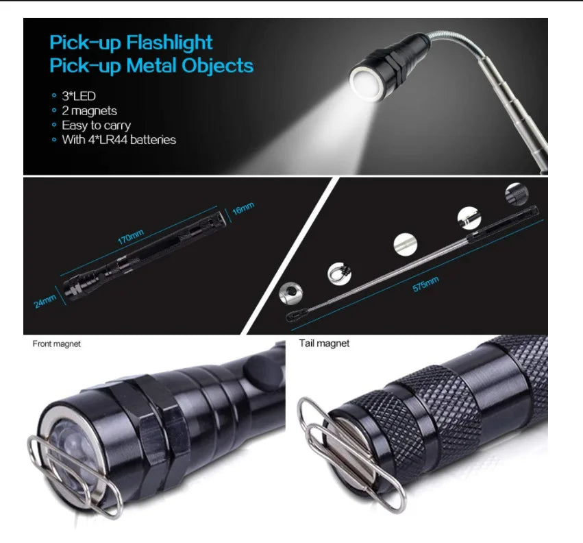 A black magnetic LED flashlight with a telescoping grip and various attachments shown in different angles.