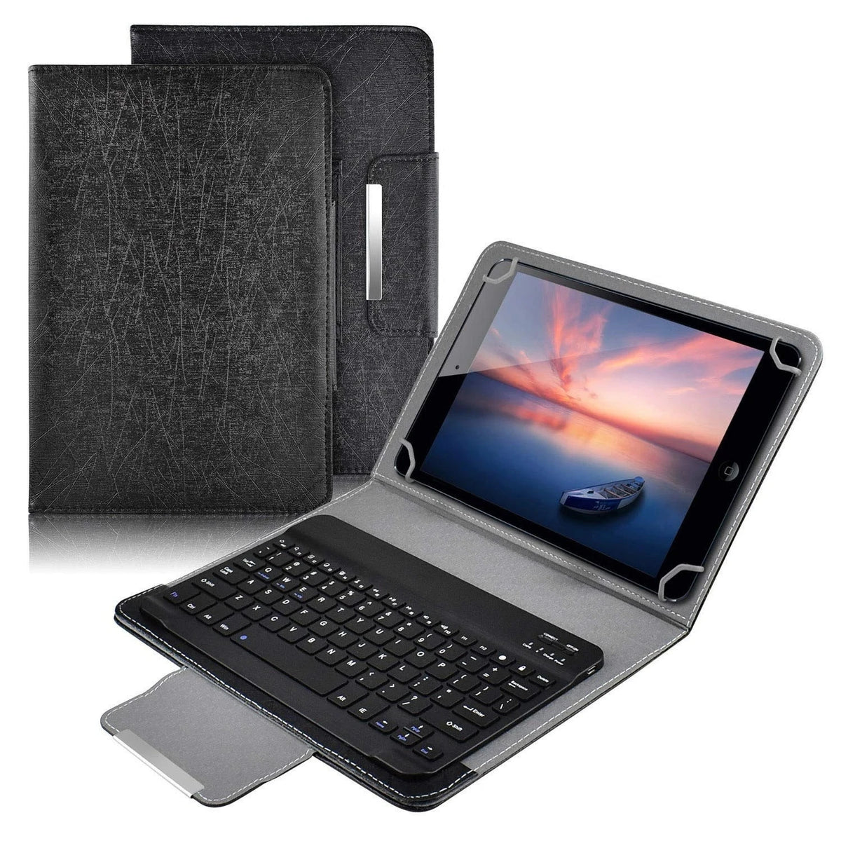 A black Bluetooth keyboard cover for a tablet, shown with the keyboard and a protective sleeve.