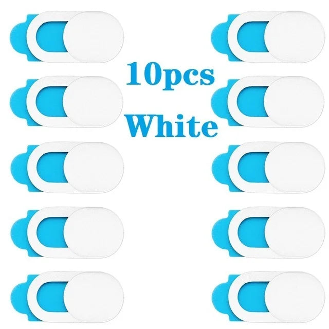 Ten white privacy webcam cover stickers for laptops