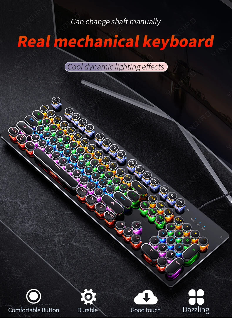 A close-up view of a retro punk mechanical keyboard with colorful keycaps and dynamic lighting effects.