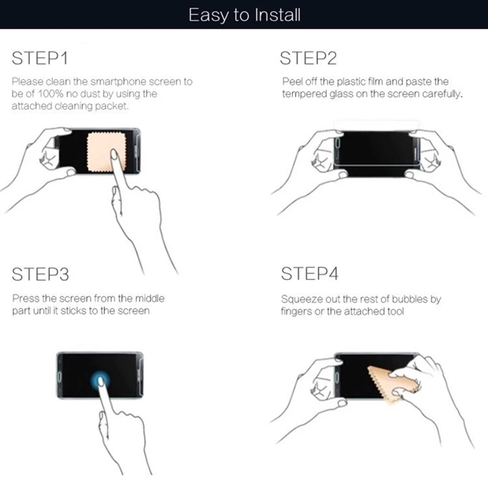 Four steps illustrating how to install a tempered glass screen protector on an iPad.