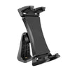 A black 360° rotating tablet stand with an adjustable clip shown from the side.