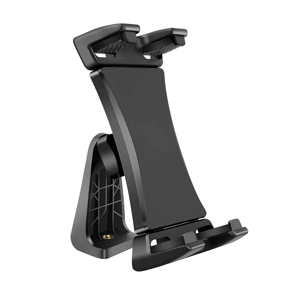 A black 360° rotating tablet stand with an adjustable clip shown from the side.