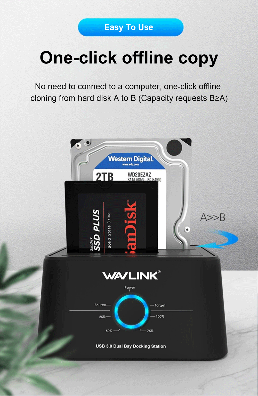 A black dual bay USB 3.0 docking station for one-click offline cloning of hard drives.