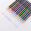 A collection of twelve glitter gel pens in various neon colors arranged diagonally on a white background.