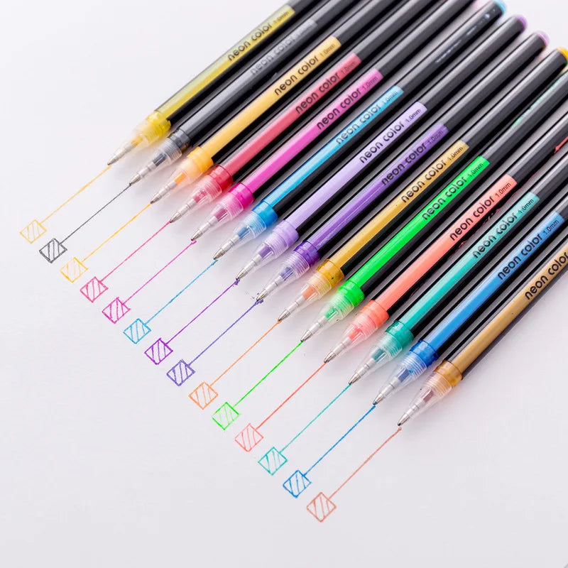 A collection of twelve glitter gel pens in various neon colors arranged diagonally on a white background.