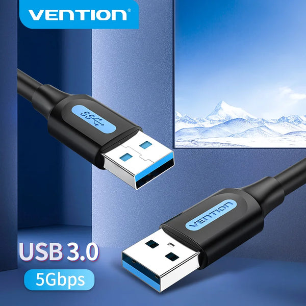 A black USB 3.0 male to male extension cable is shown against a blue background with a mountain landscape visible in the refl