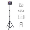 Adjustable tripod stand with mounts for a tablet, phone, and camera.