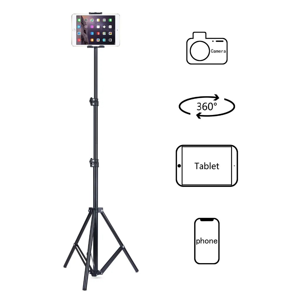 Adjustable tripod stand with mounts for a tablet, phone, and camera.