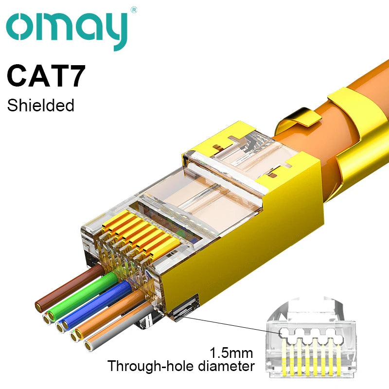 A close-up view of an Omay CAT7 Shielded modular RJ45 connector showing the internal wiring and a 1.5mm through-hole diameter