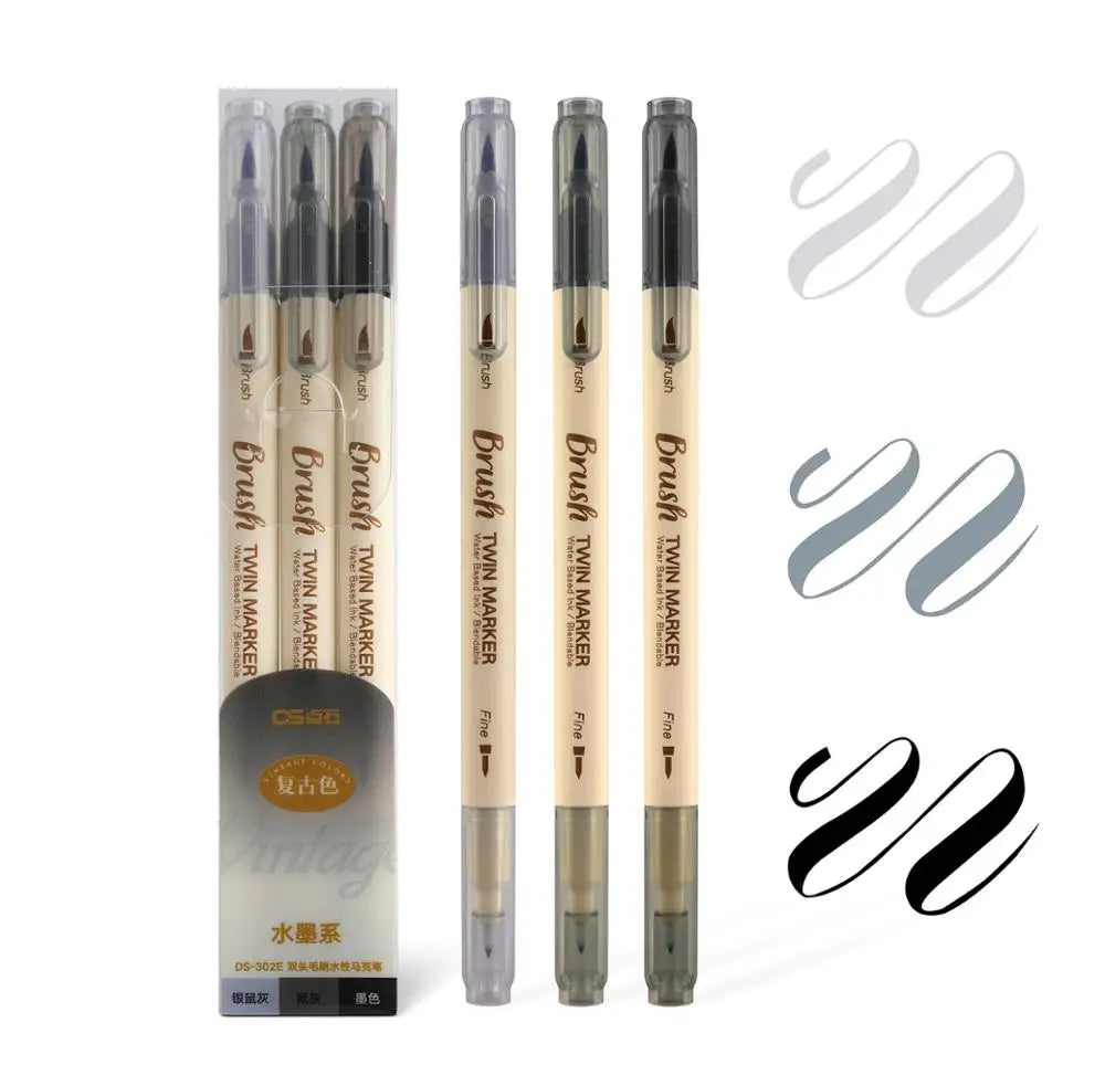 A set of three fine-tip twin markers for watercolor art, shown in various shades and packaging.
