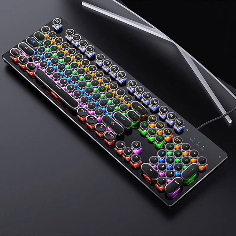 A close-up view of a black retro punk mechanical keyboard with colorful keycaps and a flexible cable.