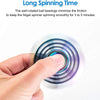 A hand is spinning a rainbow metal fidget spinner, showing the rotating layers of the device.