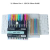 A set of 12 glitter pens and a refill pack displayed in a clear plastic case.