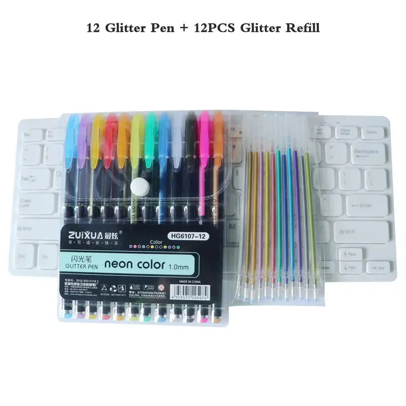 A set of 12 glitter pens and a refill pack displayed in a clear plastic case.