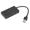A black 4-port USB 3.0 hub with a cable connecting to a USB Type-A connector.