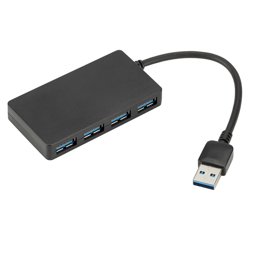 A black 4-port USB 3.0 hub with a cable connecting to a USB Type-A connector.