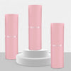 Three pink waterproof self-seal poly mail bags displayed vertically on white circular stands.
