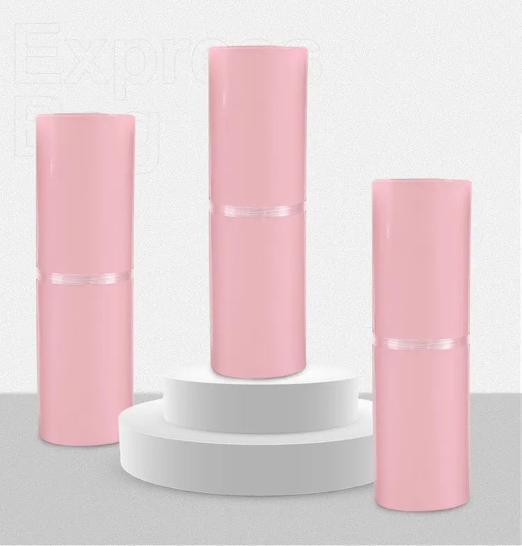 Three pink waterproof self-seal poly mail bags displayed vertically on white circular stands.