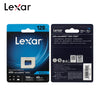 A blue Lexar 128GB microSDXC memory card packaged in its original plastic case.