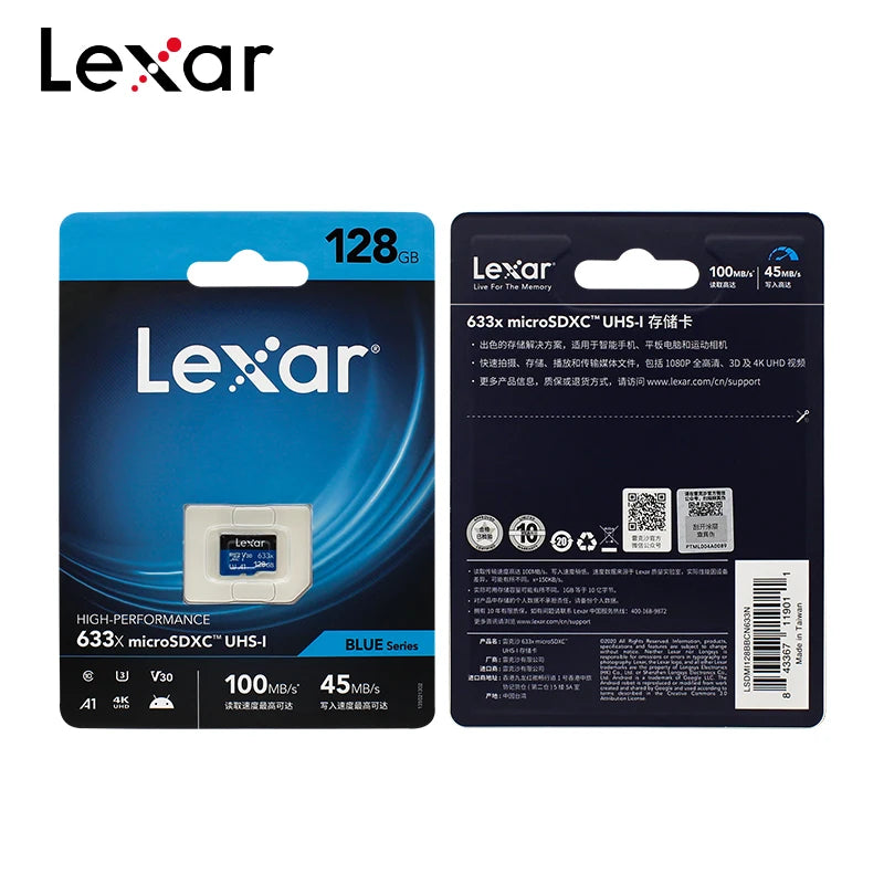 A blue Lexar 128GB microSDXC memory card packaged in its original plastic case.