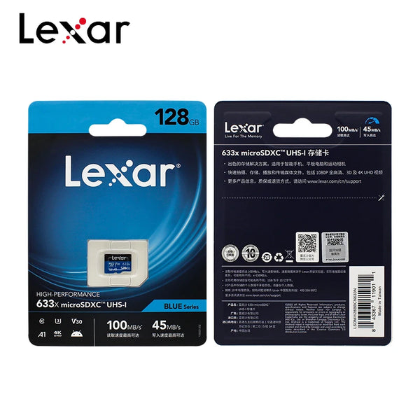 A blue Lexar 128GB microSDXC memory card packaged in its original plastic case.