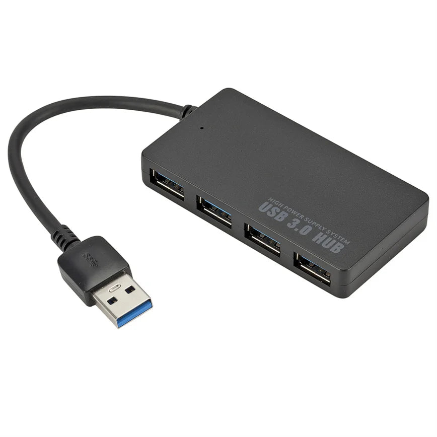 A black 4-port USB 3.0 hub with a cable, designed for fast data transfer.