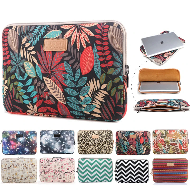 A collection of various laptop sleeves and protective cases for MacBook and PC in different colors and patterns.