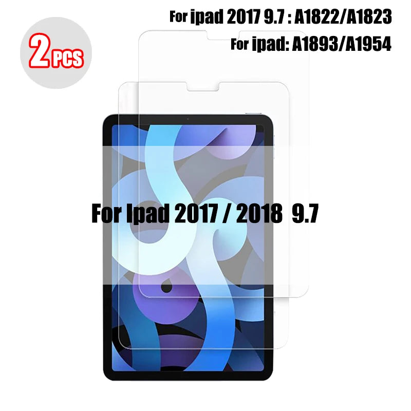 Two tempered glass screen protectors for iPads, including models A1822/A1823 and A1893/A1954.