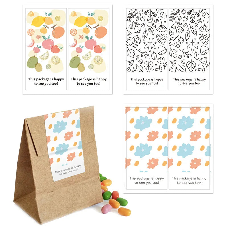 Rectangular gift stickers featuring various fruits and leaves used for packaging