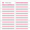 A budget sheet template with columns for date, description, amount, and balance, featuring pink and gray rows.