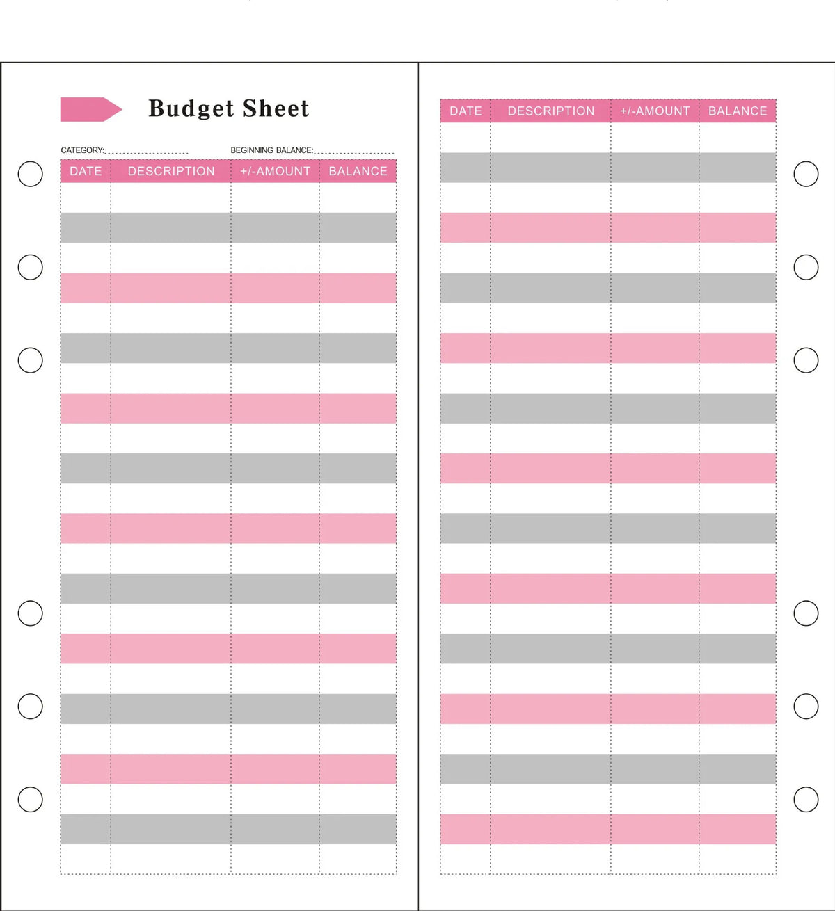 A budget sheet template with columns for date, description, amount, and balance, featuring pink and gray rows.