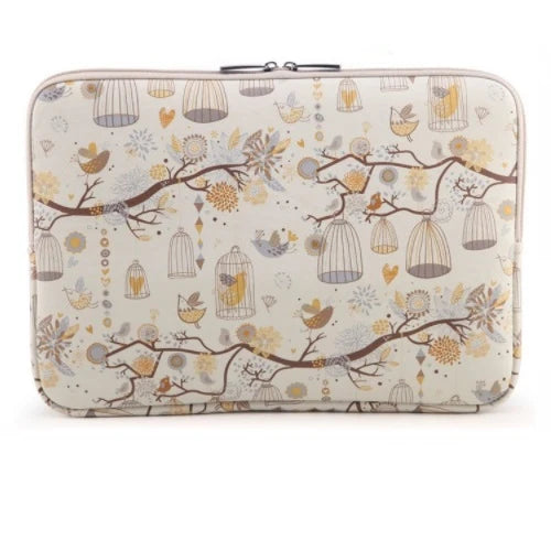 A beige canvas laptop sleeve featuring a delicate floral and bird pattern.